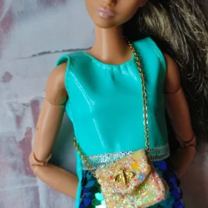 Miniature glitter doll bag set – Sparkly evening purses for Blythe, Barbie, BJD – Handmade 1/6 scale party accessories
